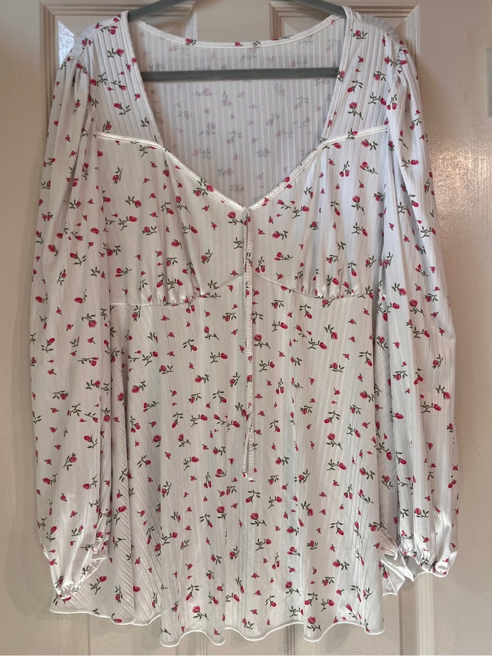 White Floral Long-Sleeve Peasant Top - White with Pink Floral